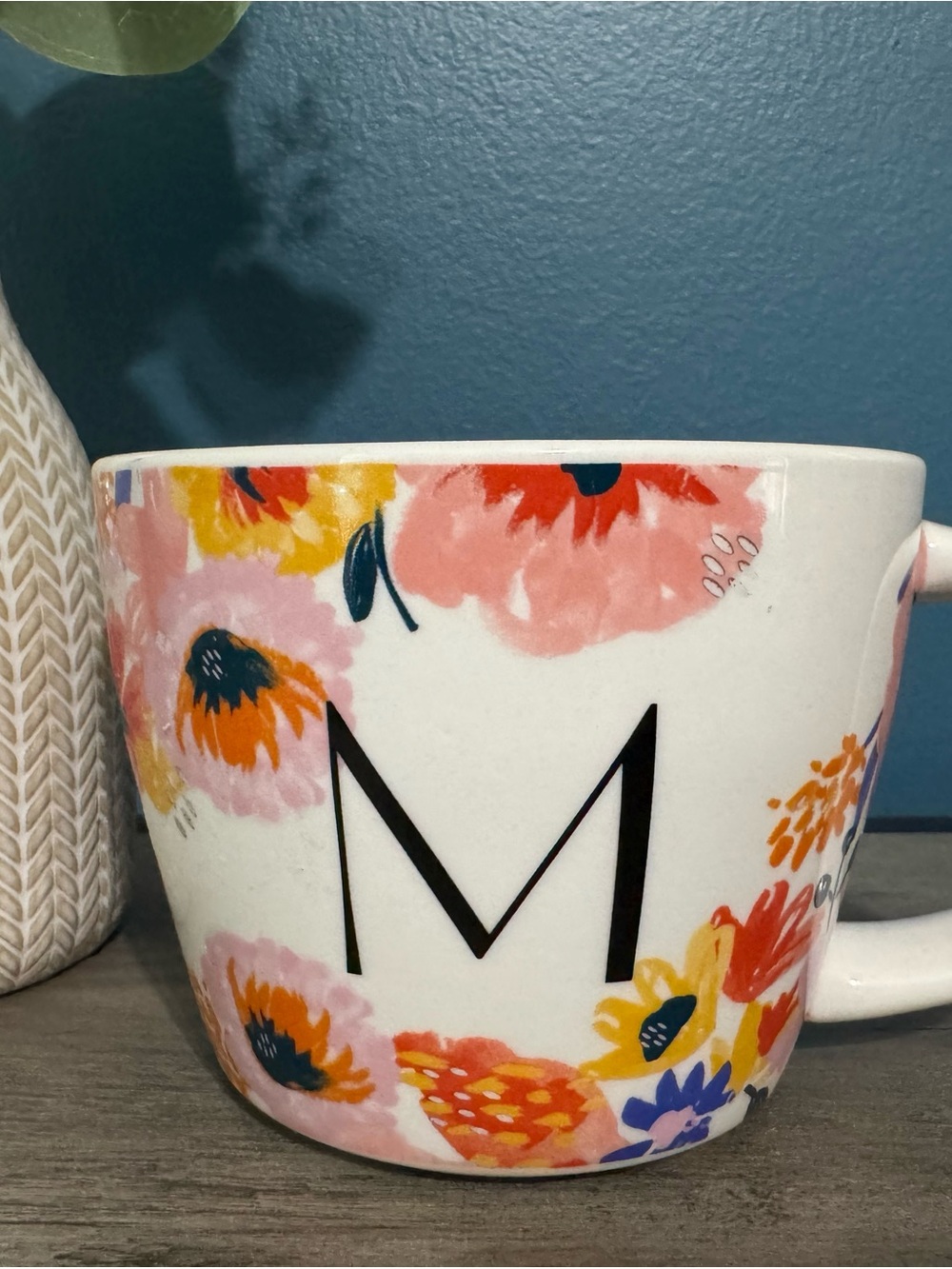 Opalhouse White Ceramic Mug with Black Monogram and Pink Yellow Floral Accents